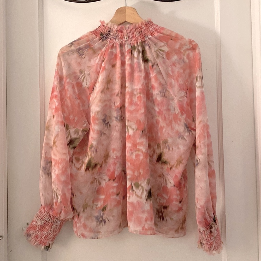 Misa Los Angeles Pink Long Sleeve Ruffled Blouse with Mandarin Collar - Picture 7 of 7